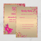50と素晴らしいハイヒール金ゴールドピンクのキラキラのガラス 出欠カード (正面/裏面)