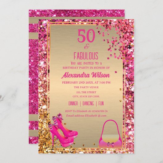 50と素晴らしいハイヒール金ゴールドピンクのキラキラのガラス 招待状 (正面/裏面)