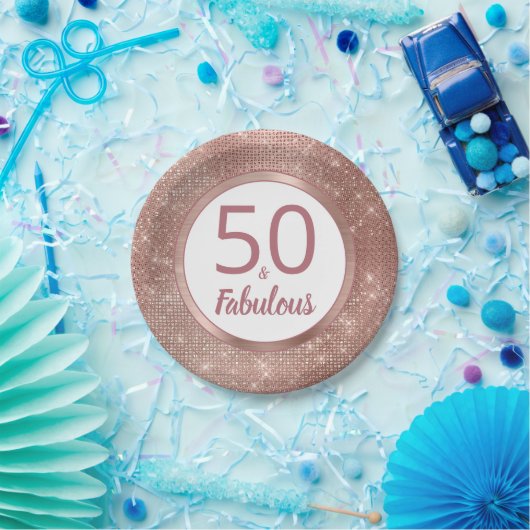 50と素晴らしいバラ金ゴールドグラム50th誕生日パーティー ペーパープレート (パーティー)