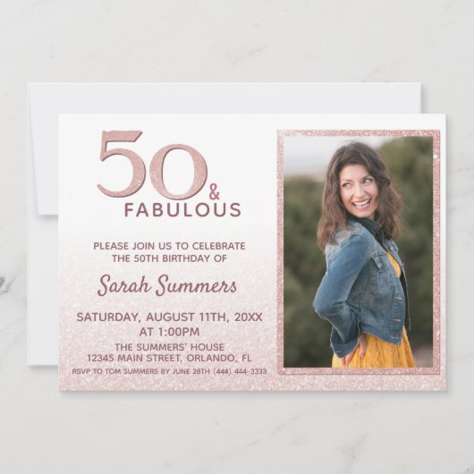 50と素晴らしいバラ金ゴールドグリッターエレガント誕生日 招待状 (正面)