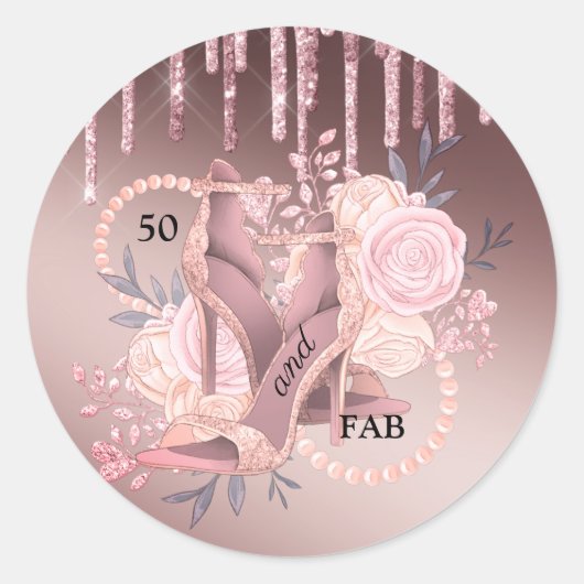 50と素晴らしいバラ金ゴールドグリッタードリップステッカー ラウンドシール (正面)