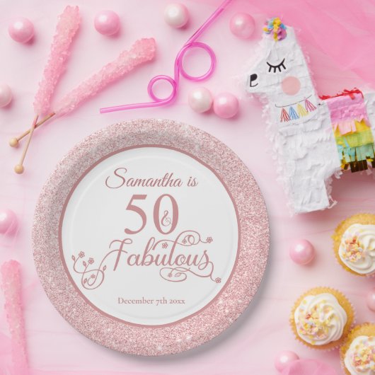 50と素晴らしいバラ金ゴールドグリッター誕生パーティー ペーパープレート (パーティー)