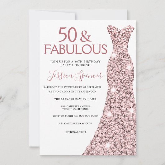 50と素晴らしいバラ金ゴールドドレス50th誕生日パーティー 招待状 (正面)