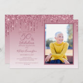 50と素晴らしいバラ金ゴールドピンクグリッター写真 招待状 (正面/裏面)