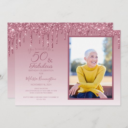 50と素晴らしいバラ金ゴールドピンクグリッター写真 招待状 (正面/裏面)