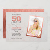 50と素晴らしいバラ金ゴールドピンクマーブル50誕生日 招待状 (正面/裏面)