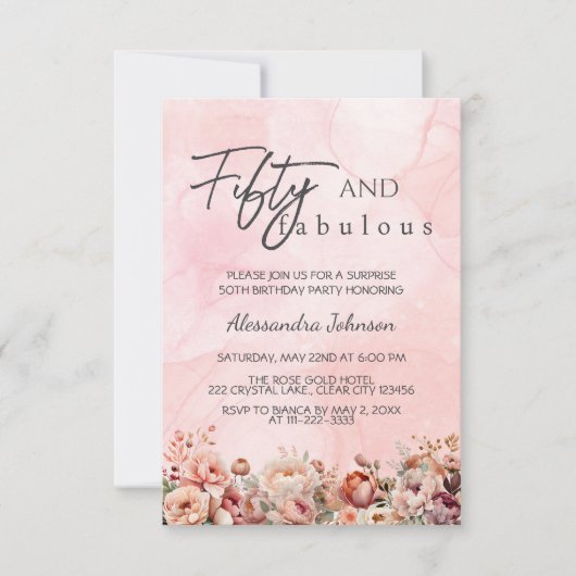50と素晴らしいバラ金ゴールドフローラ50誕生日 招待状 (正面)