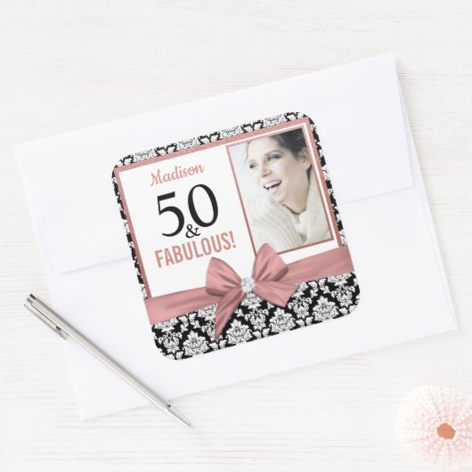 50と素晴らしいバラ金ゴールドボウダマスク50誕生日 スクエアシール (封筒)