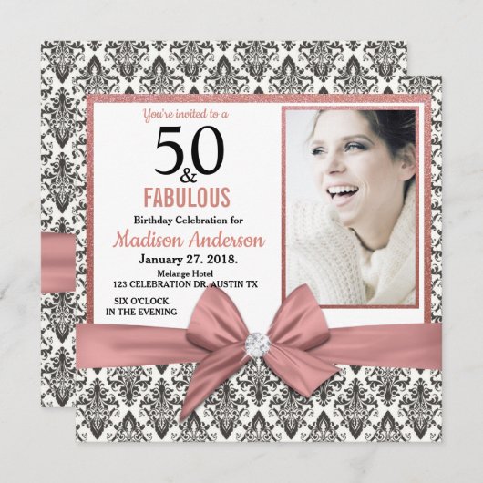 50と素晴らしいバラ金ゴールドボウダマスク50誕生日 招待状 (正面/裏面)