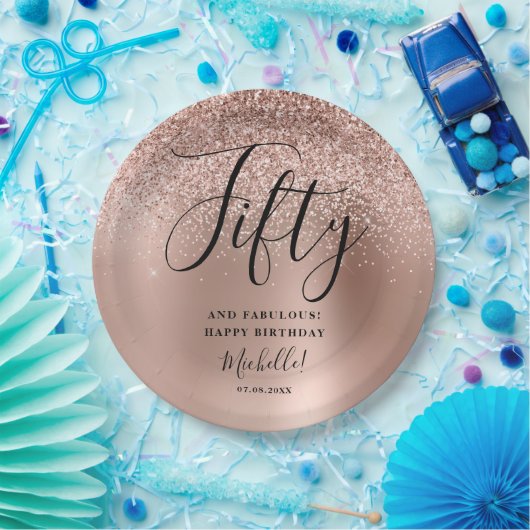 50と素晴らしいバラ金ゴールド誕生日パーティー名 ペーパープレート (パーティー)