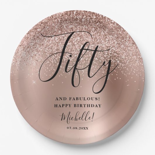 50と素晴らしいバラ金ゴールド誕生日パーティー名 ペーパープレート (正面)