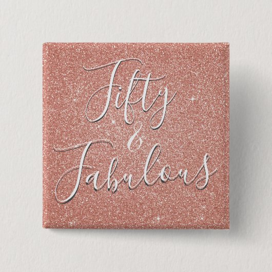 50と素晴らしいバラ金ゴールド赤面ピンクグリッター 缶バッジ (正面)