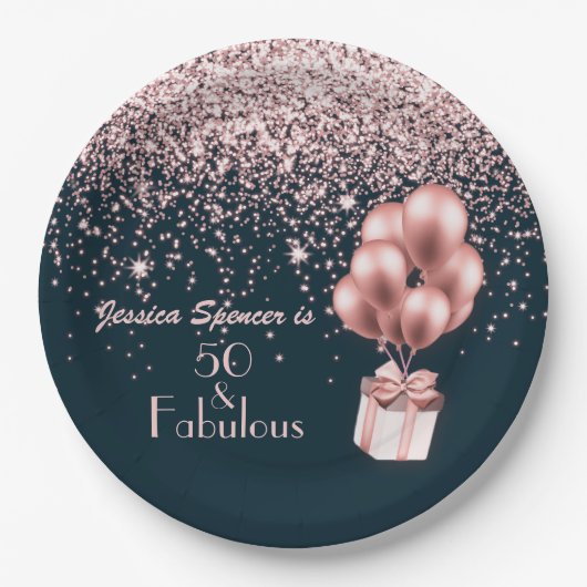 50と素晴らしいバラ金ゴールド50th誕生日パーティー ペーパープレート (正面)