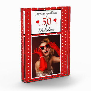 50と素晴らしいパーソナル50th誕生日ホワイトレッドドット フォトブロック