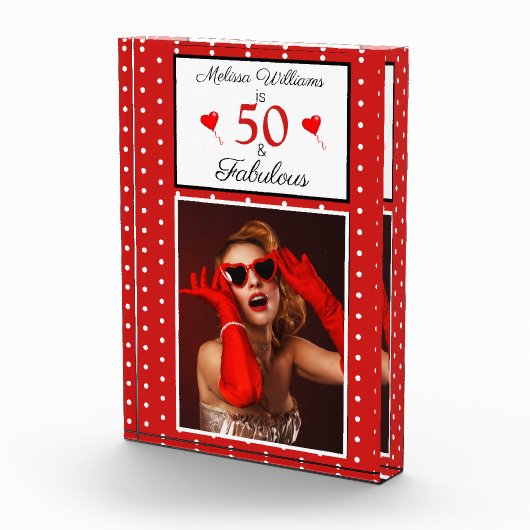 50と素晴らしいパーソナル50th誕生日ホワイトレッドドット フォトブロック (右)