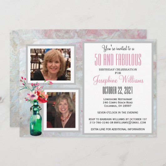 50と素晴らしいパーティー写真フローラ 招待状 (正面/裏面)