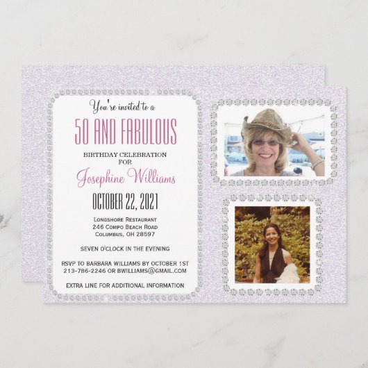 50と素晴らしいパーティー写真Glam 招待状 (正面/裏面)