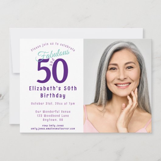 50と素晴らしいパープルターコイズタイポグラフィ 招待状 (正面)