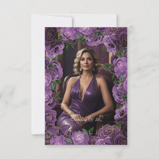 50と素晴らしいパープルバラ50誕生日 招待状 (裏面)