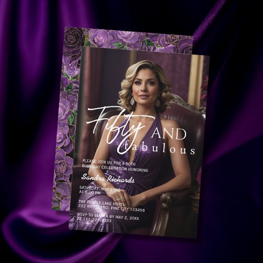 50と素晴らしいパープルバラ50誕生日 招待状