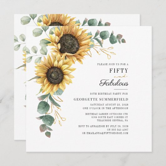 50と素晴らしいヒマワリのユーカリ50誕生日 招待状 (正面/裏面)