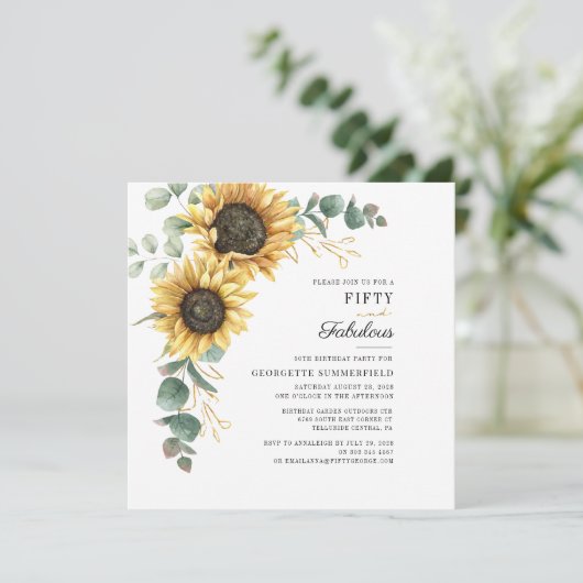 50と素晴らしいヒマワリのユーカリ50誕生日 招待状 (スタンド正面)