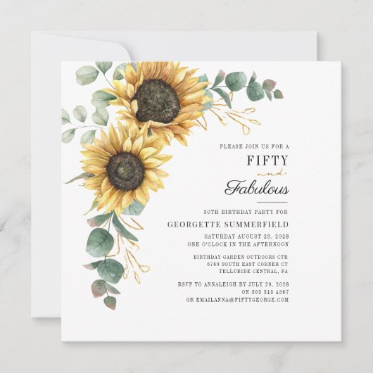 50と素晴らしいヒマワリのユーカリ50誕生日 招待状 (正面)