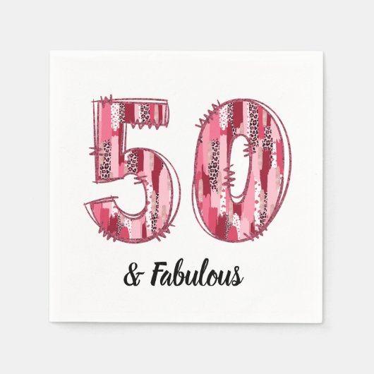 50と素晴らしいピンクとヒョウのブラシストローク スタンダードカクテルナプキン (正面)