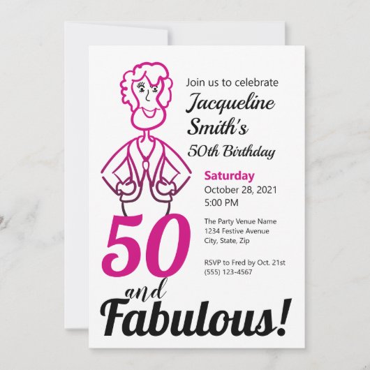 50と素晴らしいピンクとブラックのレディおもしろいー 招待状 (正面)