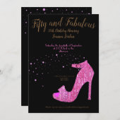 50と素晴らしいピンクとブラックの誕生日 招待状 (正面/裏面)