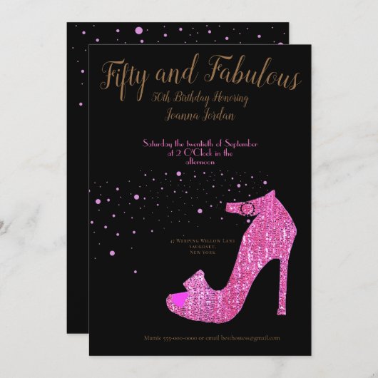 50と素晴らしいピンクとブラックの誕生日 招待状 (正面/裏面)