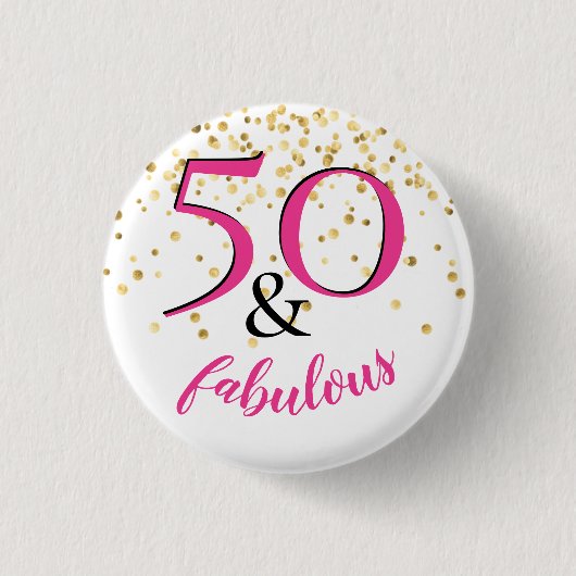50と素晴らしいピンクと白の金ゴールドドットのパーティーのお願い 缶バッジ (正面)