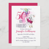 50と素晴らしいピンクのふわふわ犬 招待状 (正面/裏面)