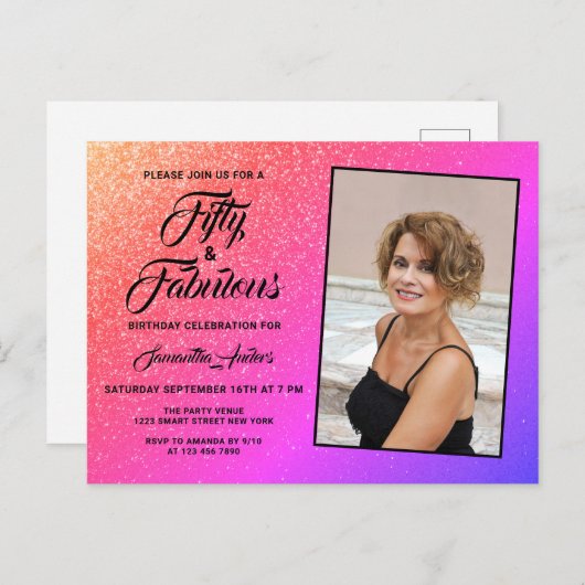 50と素晴らしいピンクのエレガントグリッター写真  インビテーションポストカード (正面/裏面)