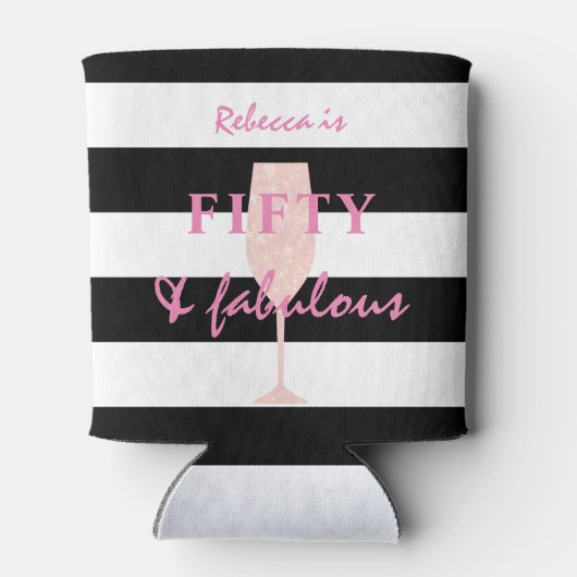 50と素晴らしいピンクのグリッターオンブラックとホワイト 缶クーラー (裏面)