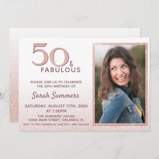 50と素晴らしいピンクのグリッター写真50誕生日 招待状 (正面/裏面)