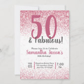 50と素晴らしいピンクのグリッター紙吹雪誕生日Invite 招待状 (正面)