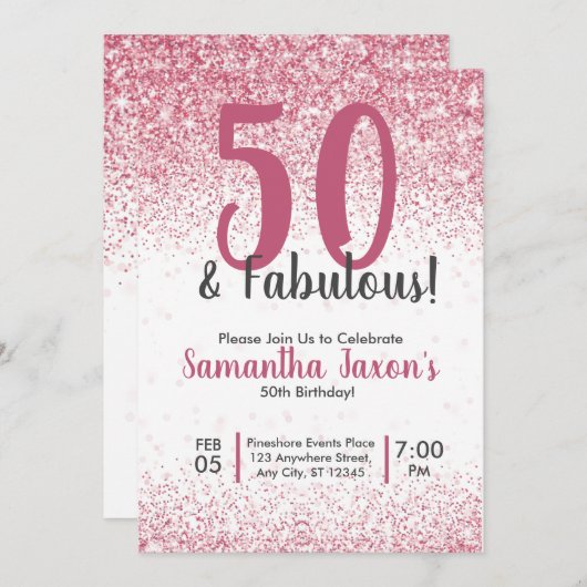 50と素晴らしいピンクのグリッター紙吹雪誕生日Invite 招待状 (正面/裏面)
