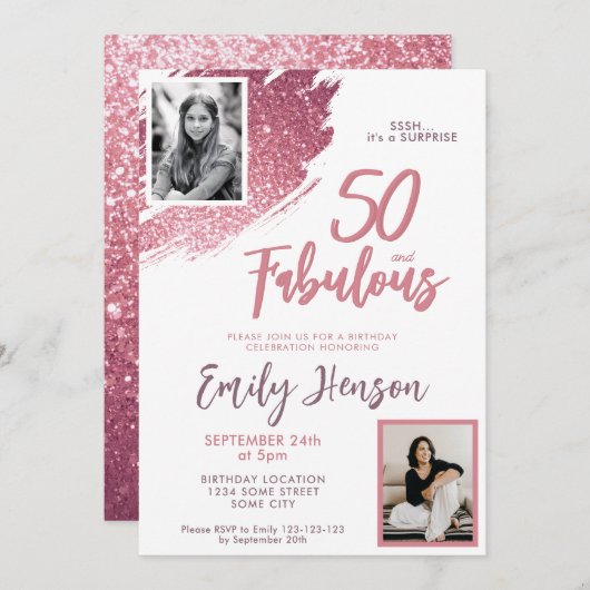 50と素晴らしいピンクのグリッター2写真50誕生日 招待状 (正面/裏面)