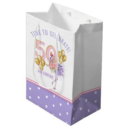 50と素晴らしいピンクのフローラフラミンゴ ミディアムペーパーバッグ (正面アングル)