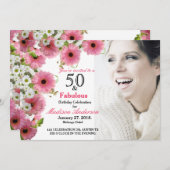 50と素晴らしいピンクのフローラ | 50thフォト誕生日 招待状 (正面/裏面)