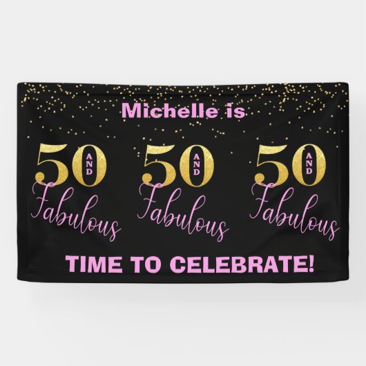 50と素晴らしいピンクのブラック金ゴールドグリッター誕生日 横断幕 (横)