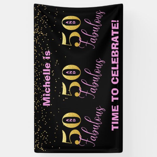 50と素晴らしいピンクのブラック金ゴールドグリッター誕生日 横断幕 (縦)