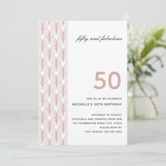 50と素晴らしいピンクのミニマルアールデコ50th 招待状 (スタンド正面)