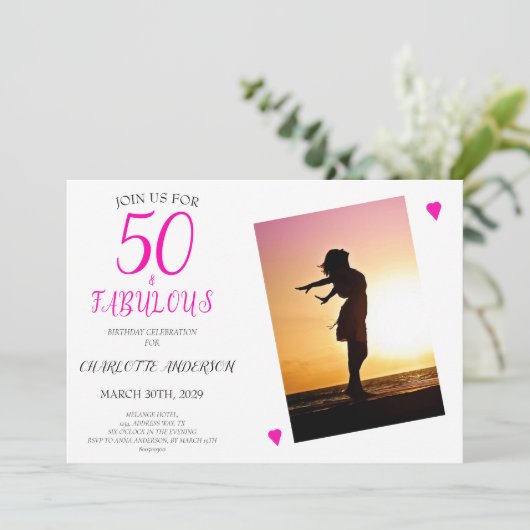 50と素晴らしいピンクの写真50th誕生日パーティー 招待状 (スタンド正面)