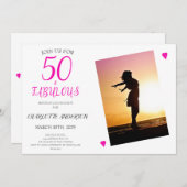 50と素晴らしいピンクの写真50th誕生日パーティー 招待状 (正面/裏面)