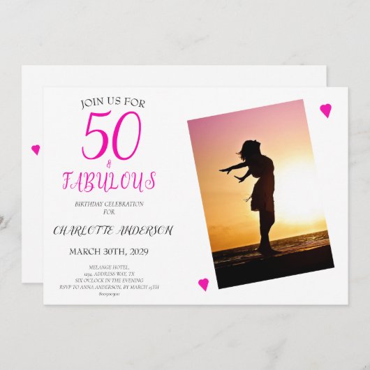 50と素晴らしいピンクの写真50th誕生日パーティー 招待状 (正面/裏面)