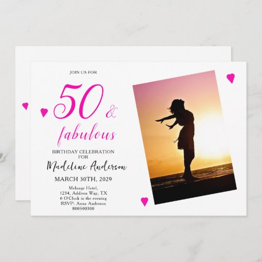 50と素晴らしいピンクの写真50th誕生日パーティー 招待状 (正面/裏面)