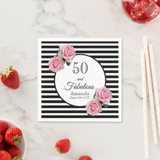 50と素晴らしいピンクの花模様ブラックストライプの名前 スタンダードカクテルナプキン (インサイチュ)
