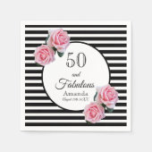 50と素晴らしいピンクの花模様ブラックストライプの名前 スタンダードカクテルナプキン (正面)